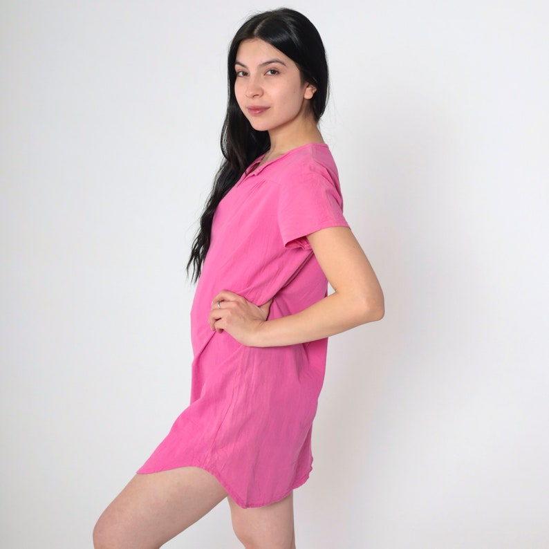 Bright Pink Tshirt Dress Vintage 90s Plain Micro Mini T Shirt Dress Slit Neckline Short Sleeve Normcore 1990s Simple Solid Pink Small S image 4