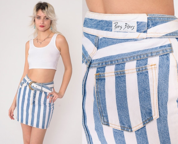 Striped Denim Skirt 90s Mini Skirt Tight White Blue Paris Blues Retro Jean Skirt Vintage 1990s High Waisted With Wide Belt Extra Small xs 3