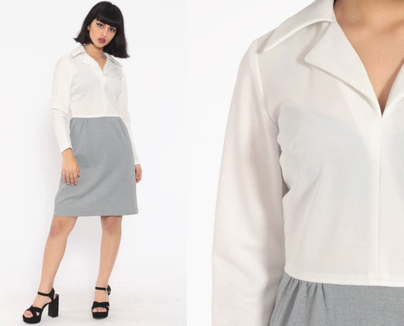 70s Dress Mod Mini White Grey High Waisted Vintage 60s Twiggy Color Block Plain Simple Polyester Long Sleeve 1970s Small