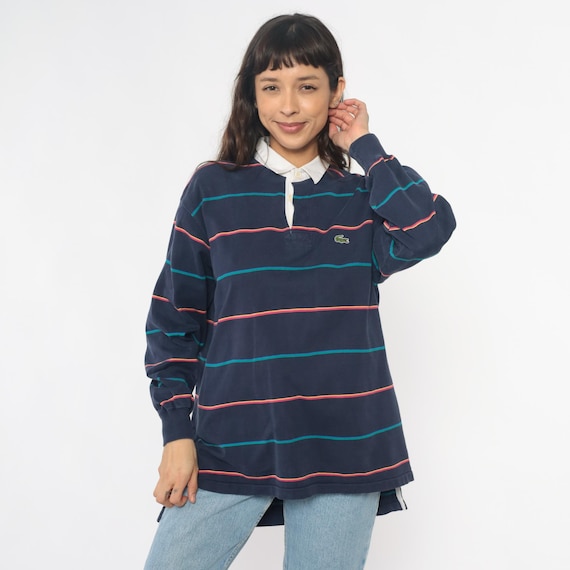 Izod Lacoste Rugby Shirt 90s Striped Polo Navy Blue Teal Coral White Collar Cotton Long Sleeve Preppy Vintage Sportswear Collared Large L