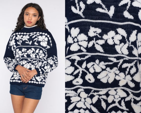 80s Sweater Floral Sweater Navy Blue Mock Neck Slouchy Sweater 1980s Pullover Vintage Retro Large xl l
