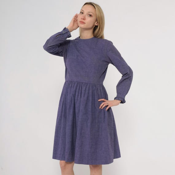 Purple Prairie Dress 60s Babydoll Long Sleeve Gathered Waist Ruffle Cuffs Crew Neck Back Zip Cottagecore Academia Cotton Vintage Medium M