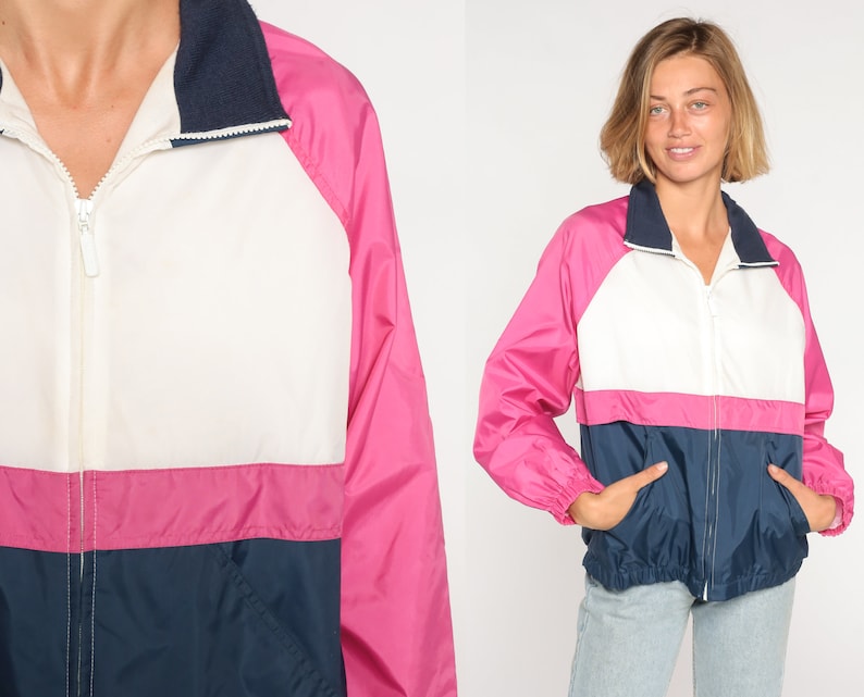 Color Block Windbreaker 90s Zip Up Jacket Retro Pink White Blue Striped Lightweight Shell Hipster Streetwear Nylon Vintage 1990s Medium M image 1