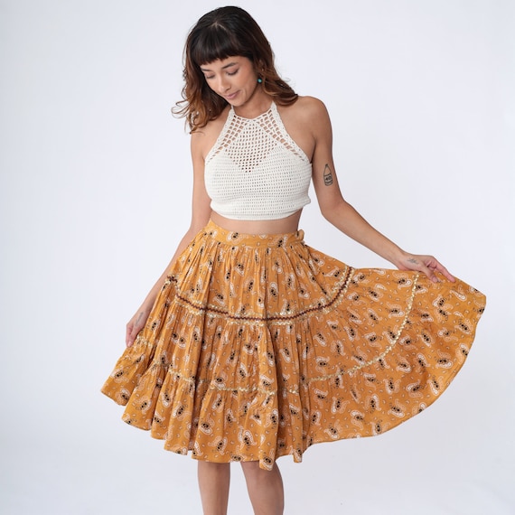 60s Circle Skirt Paisley Skirt Country Western Knee Length Skirt Boho High Waist 1960s Cotton Pin Up Vintage Orange Ric Rac Extra Small xs