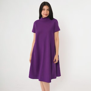 Vintage 60s Purple Wool Blend Dress Mod Turtleneck A-Line Swing Cut 1960s Go Go Space Age Sixties Twiggy Gogo Short Raglan Sleeve Medium M