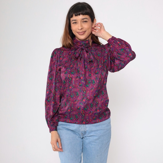 Vintage Paisley Ascot Blouse 80s Psychedelic Red Purple Button up Necktie Pussy Bow Shirt Retro Secretary Long Sleeve Top 1980s Small 6