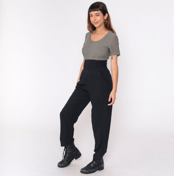 Vintage Black Jumpsuit 80s 90s Tapered Pants Black Striped Jumpsuit 1990s Scoop Neck Pinstripe Jumpsuit Short Sleeve Romper Pants Medium 8