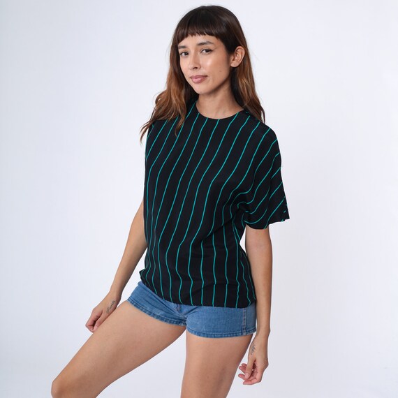 80s Top Black Striped Shirt Turquoise Blue Shirt … - image 4