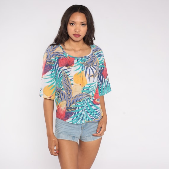80s Tropical Top Botanical Leaf Pattern Cotton Short Sleeve Scoop Neck Teal Coral Yellow Multicolor Summer Vacation Beach Wear Medium M