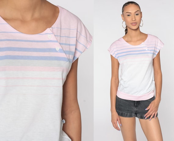 Pastel Striped Shirt Baby Pink White Top CAP SLEEVE Blouse 80s Shirt Vintage Slouchy Banded Hem Top Retro 1980s Wrangler Shirt Small