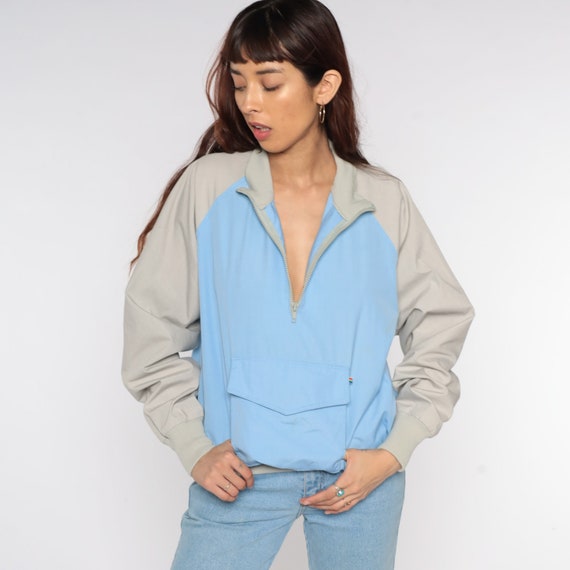 Baby Blue Windbreaker 80s Pullover Jacket Half Zip Color Block Taupe Raglan Hipster Vintage 1980s Kangaroo Pocket Large Extra Large L XL