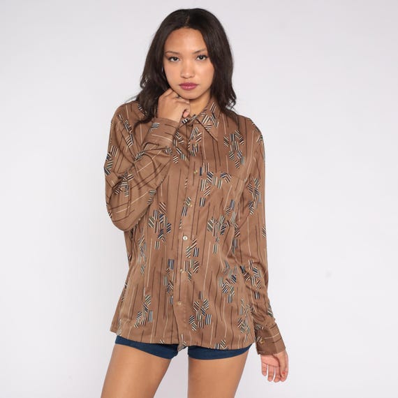 70s Abstract Pattern Shirt Brown Tan Geometric Print Pointed Collar Striped Block Design Fall Men's Large Women's Extra Large Size 16