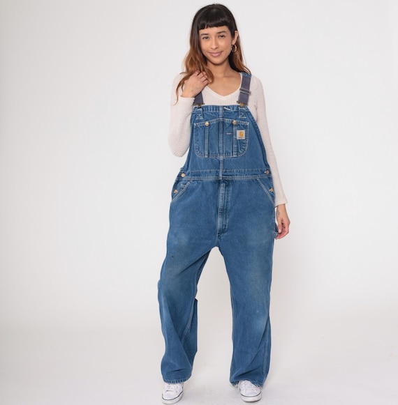 Carhartt Denim Overalls Y2K Blue Workwear Dungarees Utility Carpenter Distressed Vintage Adjustable Straps Grunge Streetwear Extra Large XL