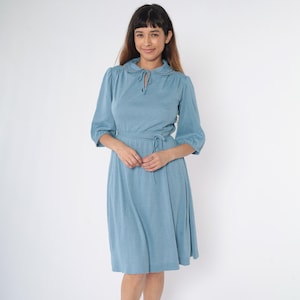 70s Boho Dress Puff Sleeve Midi Dress Blue Peter pan collar Bohemian Smocked High Waist Secretary Vintage 1970s Keyhole Plain Small S