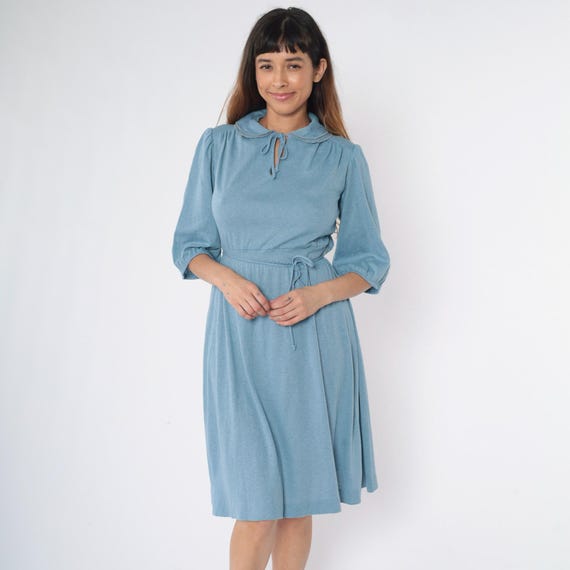 70s Boho Dress Puff Sleeve Midi Dress Blue Peter pan collar Bohemian Smocked High Waist Secretary Vintage 1970s Keyhole Plain Small S