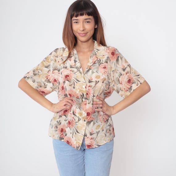 Floral Silk Blouse 90s Vintage Cream Pink Rose Button Down Romantic Cottage Core Shabby Chic Soft Flower Print Watercolor Roses Small S