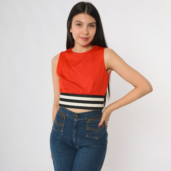70s Tank Top Red Orange Mod Sleeveless Cropped Athletic Tennis Club Style Striped Waistband Color Block Preppy Sporty Extra Extra Small 2XS