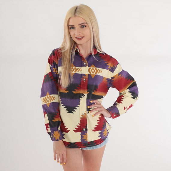 Vintage Southwestern Shirt M Y2K Button up Blouse Navajo Eye Print Western Long Sleeve Top Red Purple Cream Cotton Boho 00s Cabela's Medium
