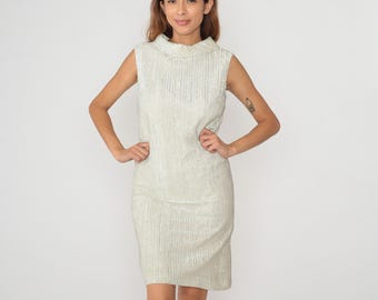 70s Metallic Dress Cream Silver Sleeveless Collar Disco Party Vintage Shimmery Cocktail Evening Chic Mod Gogo Twiggy Night Out Small S