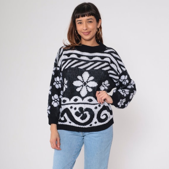 Metallic Floral Sweater 80s 90s Black White Glitter Knit Pullover Sweater Sparkly Striped Swirl Print Retro Vintage 1980s Acrylic Large L