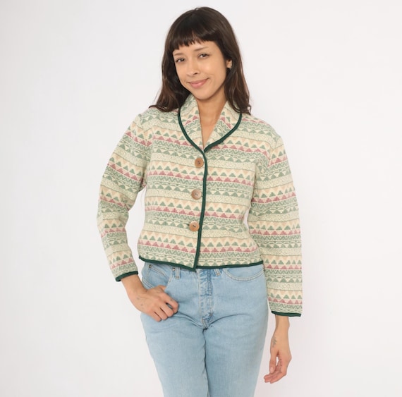 90s Southwestern Jacket Blazer Shawl Tapestry Weave Cropped Cream Sage Mauve Geometric Southwest Green Trim Woven Coat Vintage Large L