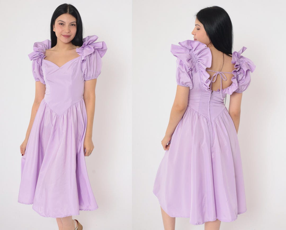 80s Purple Prom Dress Princess Party Dress Ruffled Puff Sleeve Dress ...