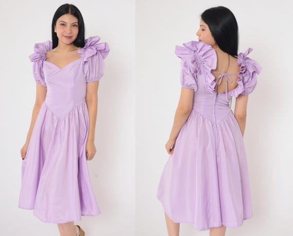 80s Purple Prom Dress Princess Party Dress Ruffled Puff Sleeve Dress Basque Waist Sweetheart Neckline Ball Gown 1980s Vintage Formal Small