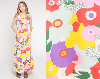 70s Floral Dress Boho Flower Print Maxi Dress Colorful Empire Waist Hippie Ruffled Bohemian Sleeveless Summer Groovy Vintage 1970s Medium