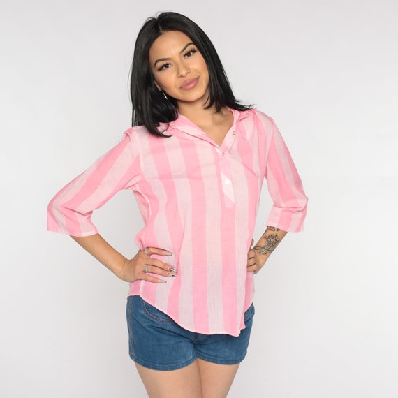 Pink Striped Blouse 80s Semi-Sheer Collared Shirt… - image 4