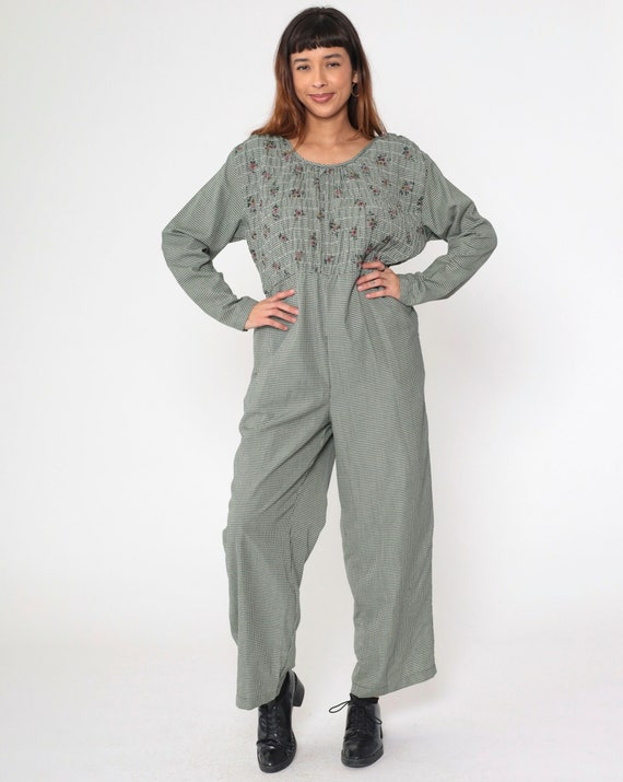 90s Gingham Jumpsuit Smocked Floral Checkered Jumpsuit Pants Straight Leg One Piece Pantsuit Vintage Long Sleeve Romper Oversized Large