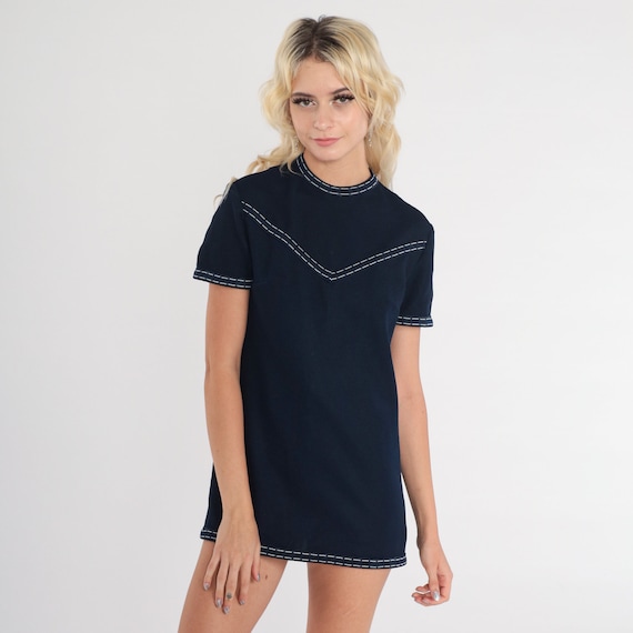 70s Mod Shirt 60s Navy Blue Yoke Top 1970s Plain Blouse Vintage Short Sleeve Shirt Longline Topstitching Basic Top Seventies Extra Small xs