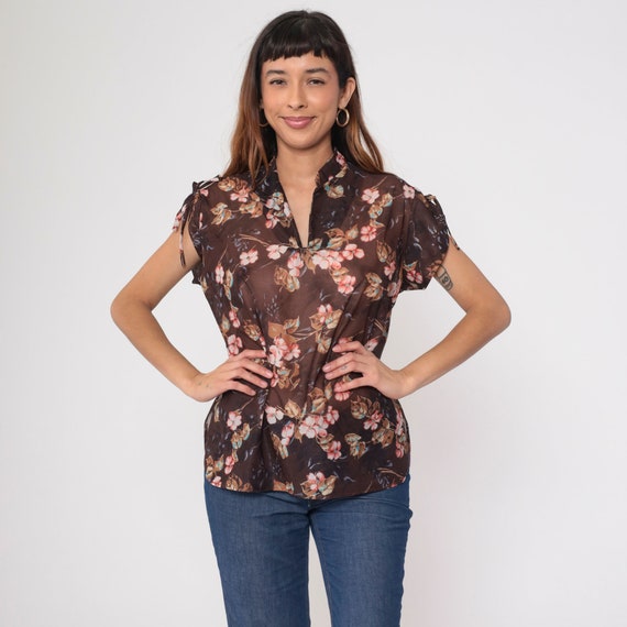 Sheer Floral Blouse 70s Tie Sleeve Boho Top Brown Pink Shirt Bohemian Short Sleeve V Neck 1970s Vintage Hippie Romantic Summer Medium Large