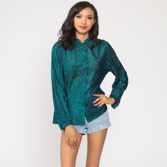 Metallic Blue Blouse Sheer Shirt 70s Metallic Top Party Glam Boho Button Up Shirt Long Sleeve Bohemian 80s Medium