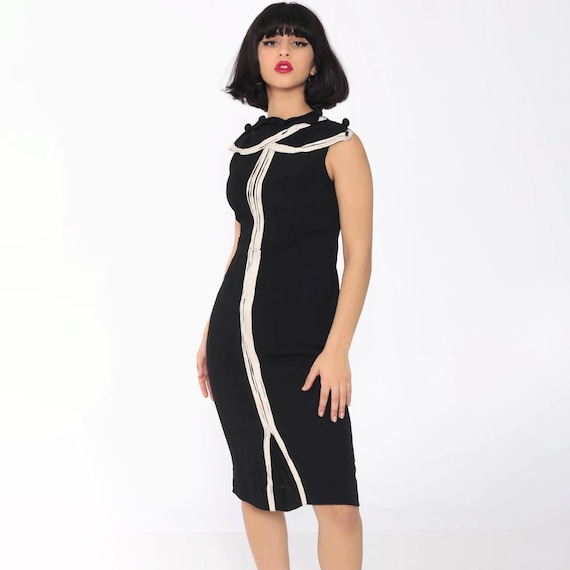 Black Cocktail Dress 1960s Sheath Wiggle White Stripe Collar 60s Mad Men Hourglass Sleeveless 50s Fitted Party Vintage Midi Extra Small xs