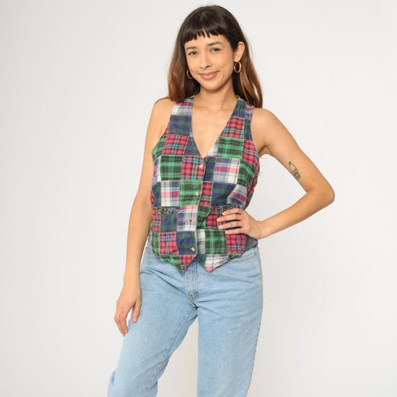 Vintage Patchwork Plaid Vest 90s Grunge Checkered Vest Top Waistcoat Red Green Blue Button Up Vest 1990s Retro Preppy Small Medium