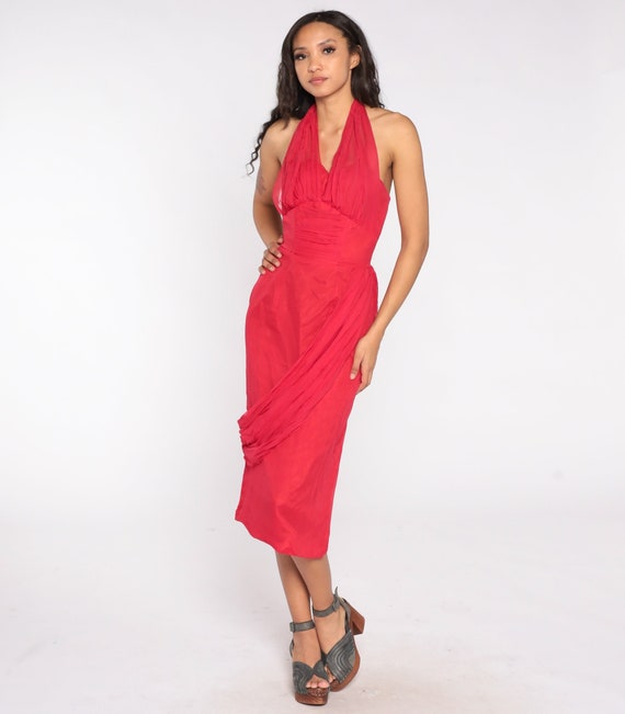 Red Party Dress 1960s Chiffon Pencil Dress Halter Neck Draped Skirt Wiggle Dress Formal Cocktail Midi Mad Men Pin Up Fitted Extra Small XS