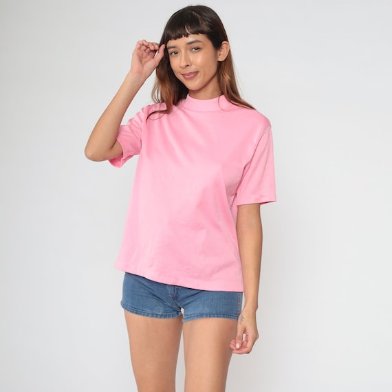 70s Mod Shirt Pink Mock Neck Top 1970s Plain Blouse Vintage Short Sleeve Shirt Normcore Basic Top Seventies Medium Large