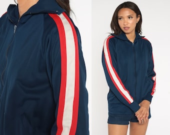 Navy Blue Track Jacket 80s Zip Up Jacket Red White Striped Warmup Jacket Raglan Sleeve Streetwear Athletic Sporty Vintage 1980s Medium