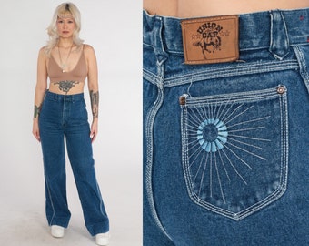 80s Jeans Ultra High Waisted Rise Wide Leg Jeans Sun Embroidered Hippie Denim Pants Dark Wash Blue Vintage 1980s Union Gap Small 28