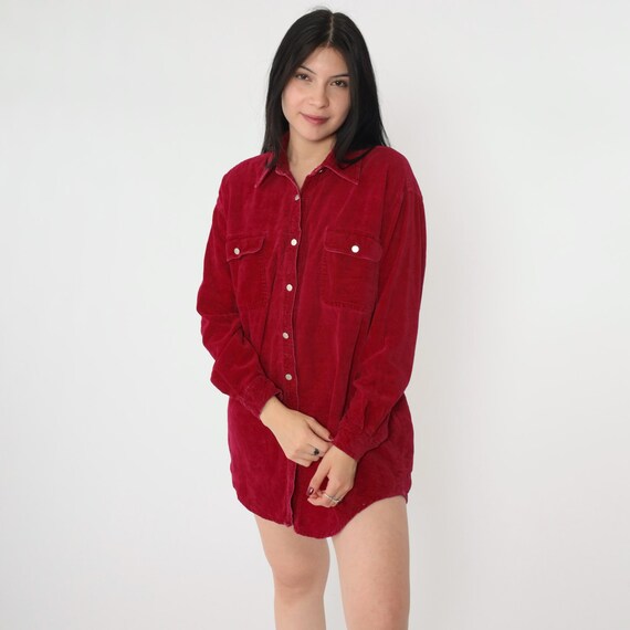 Vintage Red Button Up Shirt 90s Cotton Oxford Blouse Long Sleeve Collared Shirt Plain Chest Pocket Casual 1990s Women's Oversized Small