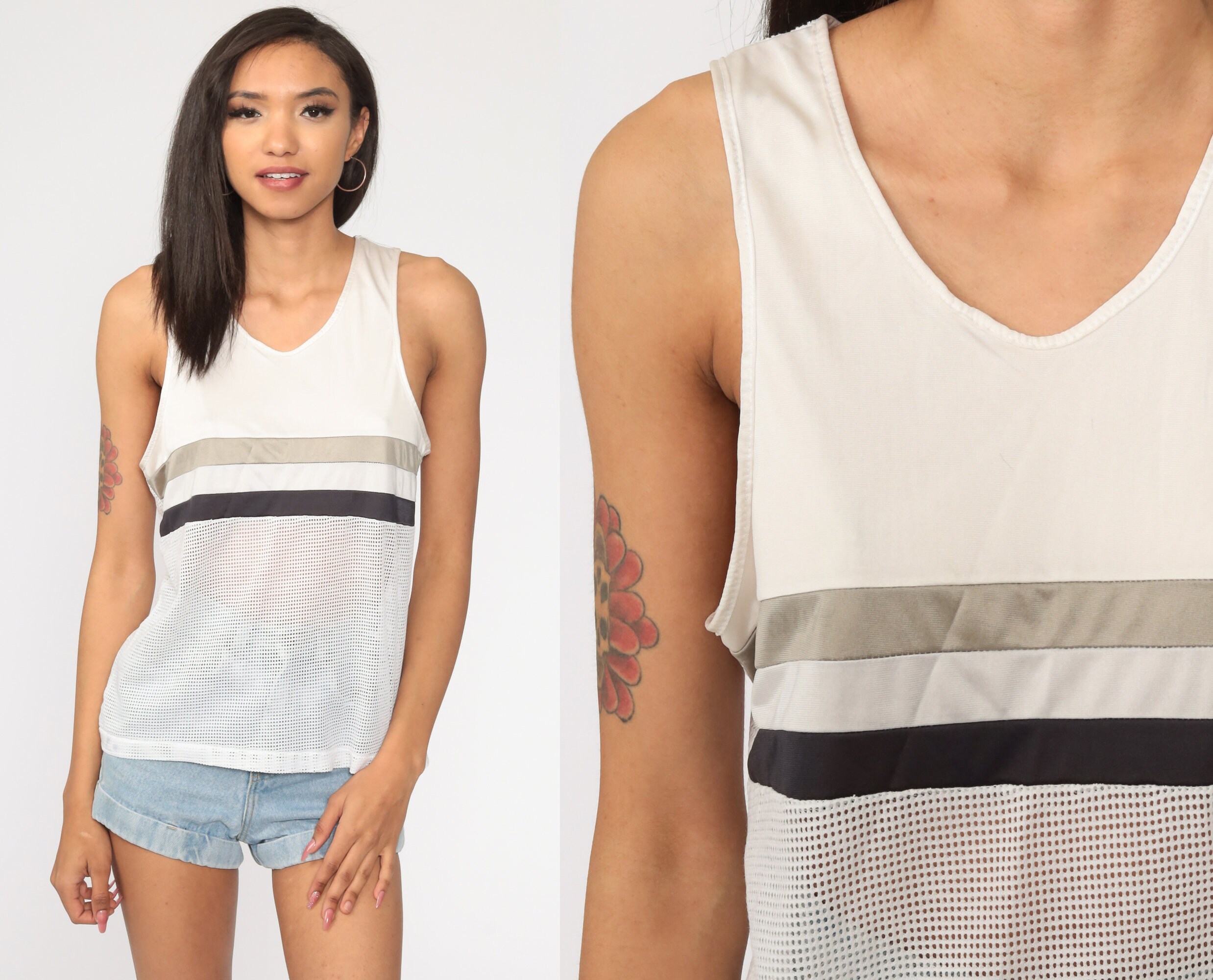 Mesh Tank Top Sheer Shirt 80s White Shirt Sports Striped Sleeveless Top