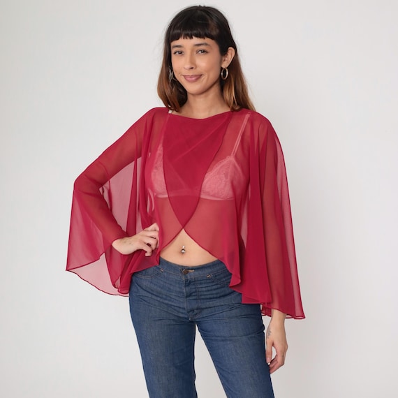 Burgundy Sheer Blouse 1970s Cape Chiffon Disco Flowing Cropped Romantic Feminine Ethereal Dreamy Party Evening Small Medium SM