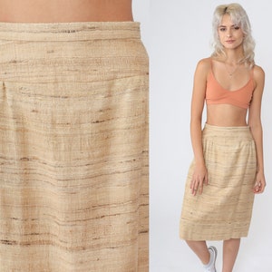 70s Midi Skirt Tan Striped Flecked Wool Blend High Waisted Pencil Skirt Preppy Retro Secretary Basic Neutral Vintage 1970s Extra Small xs