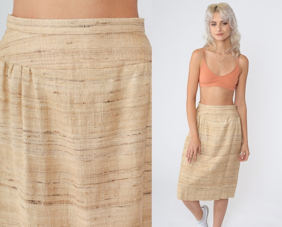 70s Midi Skirt Tan Striped Flecked Wool Blend High Waisted Pencil Skirt Preppy Retro Secretary Basic Neutral Vintage 1970s Extra Small xs