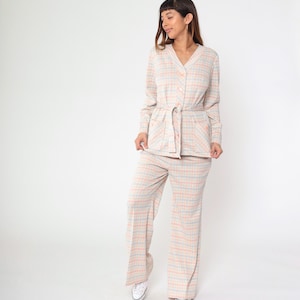 70s Checkered Outfit Two Piece Matching Pants & Top Set Pastel Pink Blue Button up Hippie Jumpsuit V Neck Tunic Vintage 1970s Large L