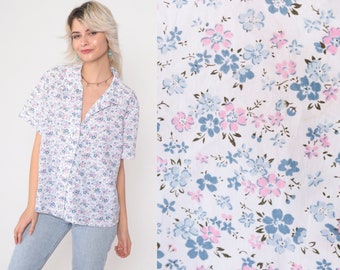 White Floral Blouse 90s Cuffed Short Sleeve Button Up Shirt Retro Collared Top Pink Blue Flower Print Summer 1990s Vintage Oversized Large