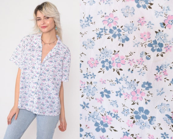White Floral Blouse 90s Cuffed Short Sleeve Button Up Shirt Retro Collared Top Pink Blue Flower Print Summer 1990s Vintage Oversized Large