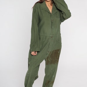 Army Coveralls 80s Distressed Flight Suit Military Jumpsuit Button Up Onesie Long Sleeve Boiler Suit Olive Green Vintage 1980s Mens Large image 3