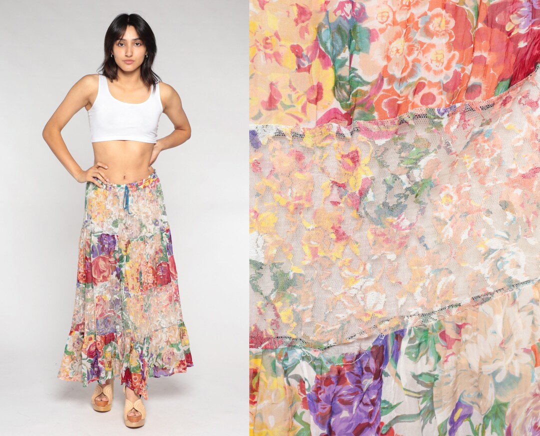 Floral Maxi Skirt 90s Tiered Broomstick Skirt Sheer Lace Etsy