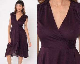 Dark Purple Wrap Dress 70s Grecian Dress Sleeveless Midi Dress V-Neck Cascading Waterfall Hem Boho V Neck Flowy Vintage 1970s Small Medium